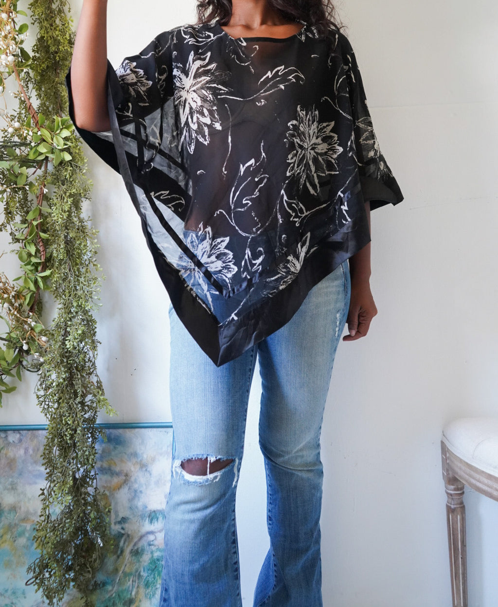 Y2K Monochrome Satin Trim Poncho