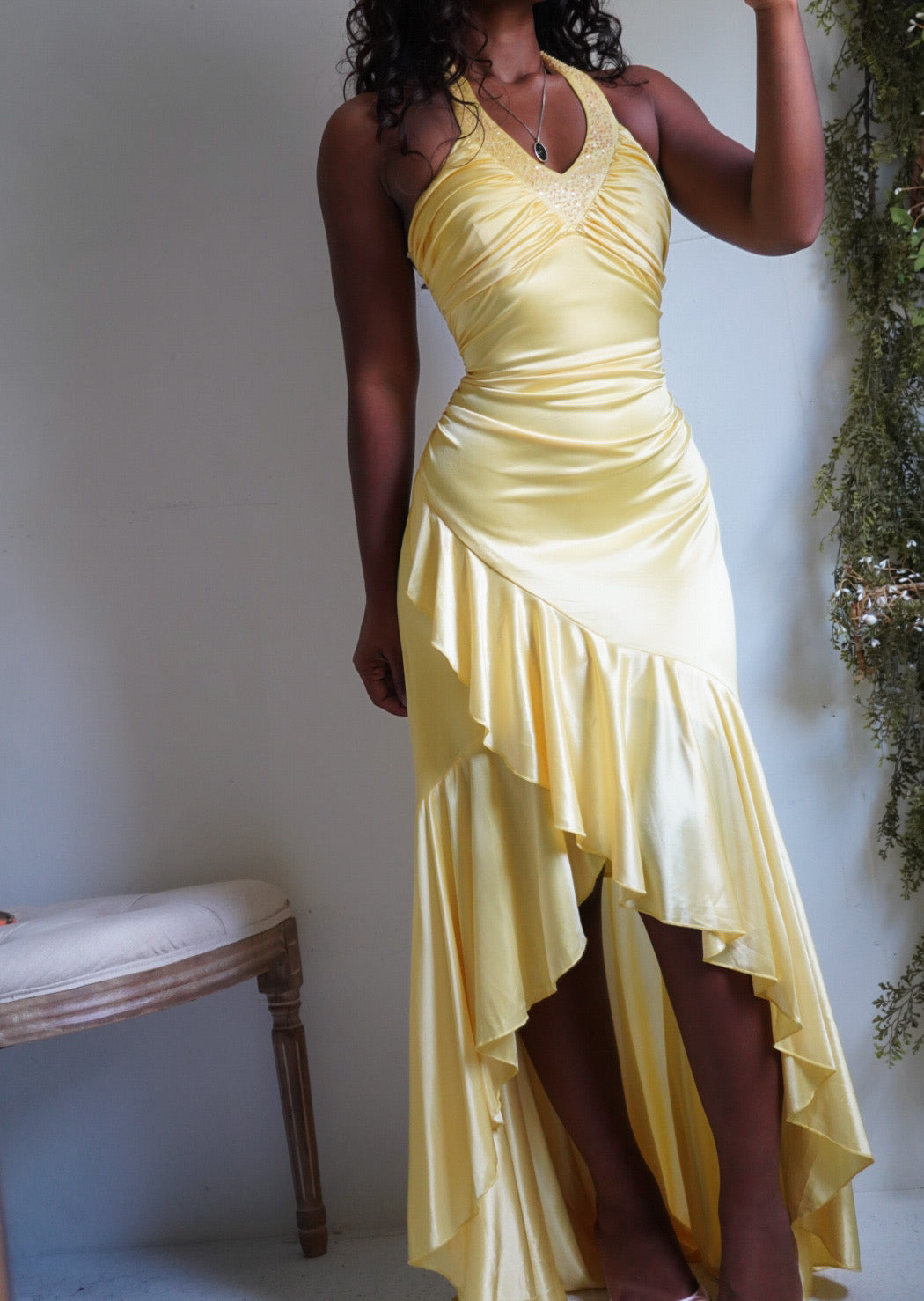 Y2K Stretch Satin Butter Yellow High Low Halter Dress