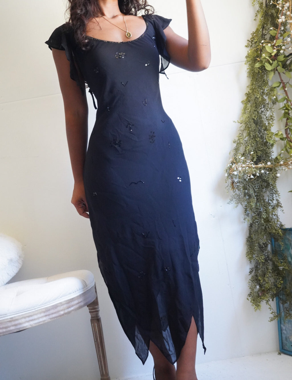 Y2K Black Silk Sequined Fairy Hem Dress