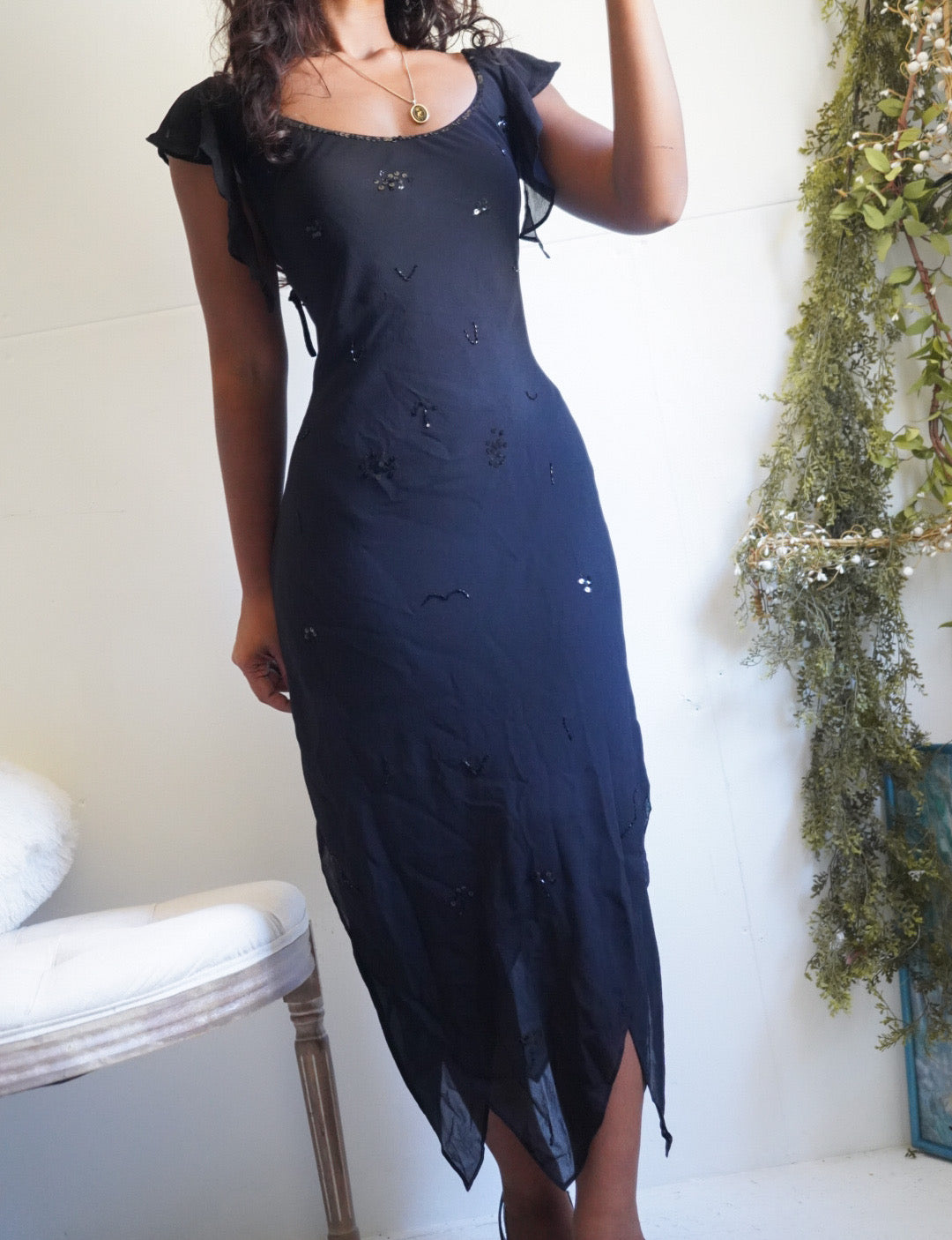 Y2K Black Silk Sequined Fairy Hem Dress