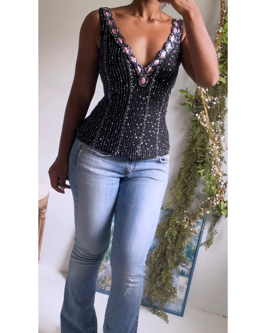 Y2K Silk Beaded Ribbon Detail Top