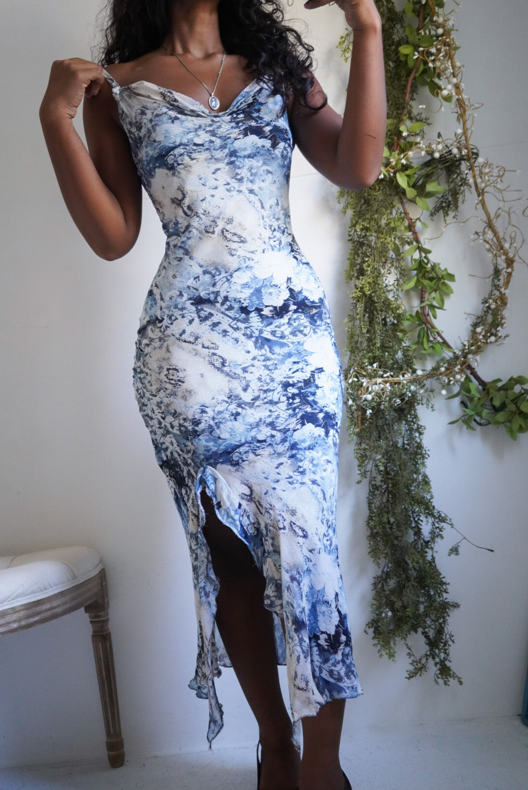 Y2K Cowl Neck Abstract Slip Dress