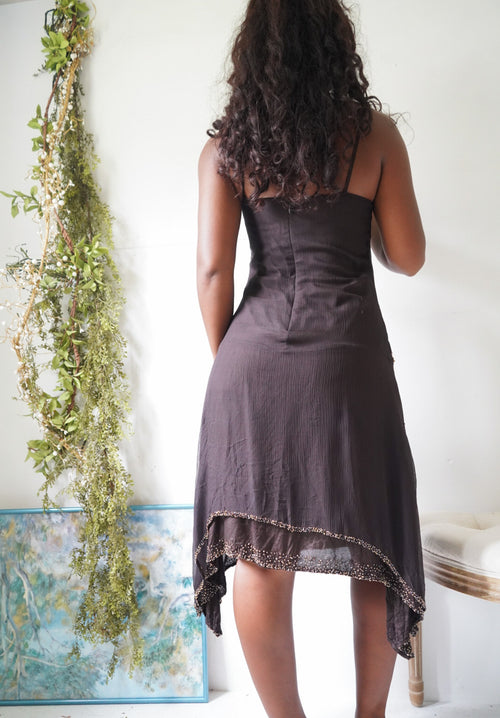Y2K Brown Silk Chiffon Beaded Drop Waist Dress