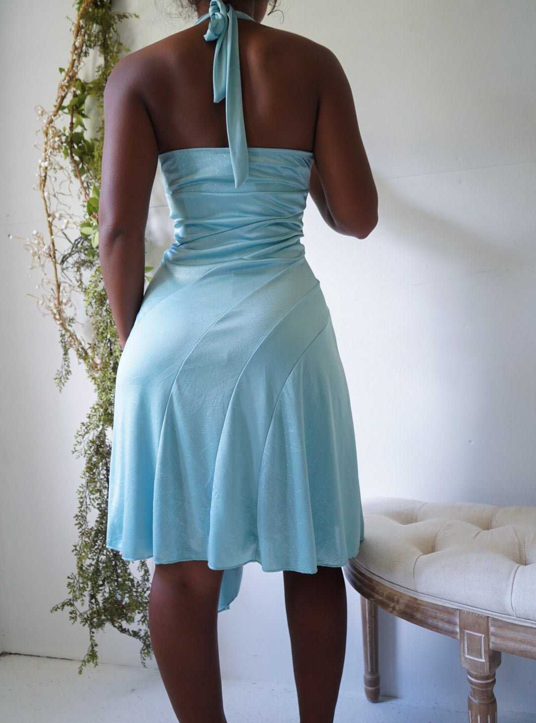 Y2K Icy Blue Sparkle Stretch Satin Halter Dress – Masha&Jlynn