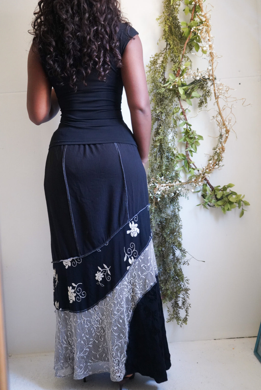 Y2K Lace and Floral Patchwork Hem Maxi Skirt