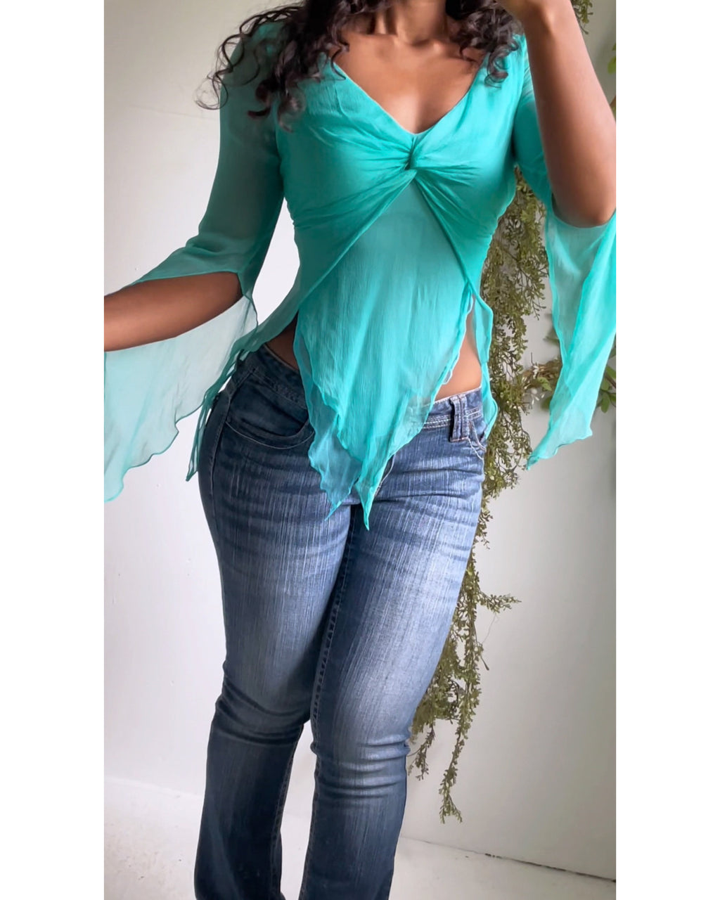 Y2K Teal Chiffon Fairy Top