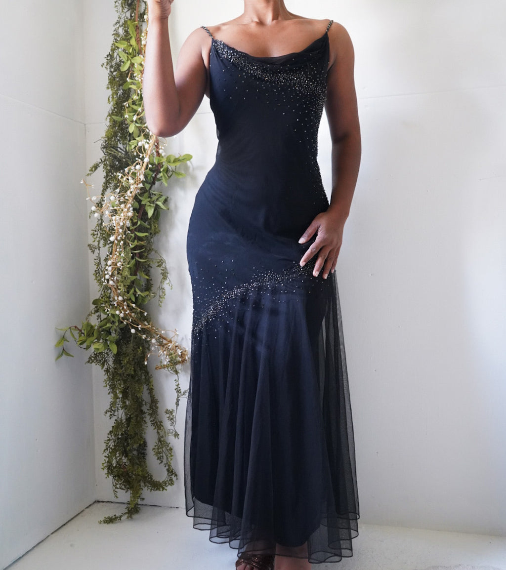 Vintage Y2K Black Silk and Tulle Beaded Gown