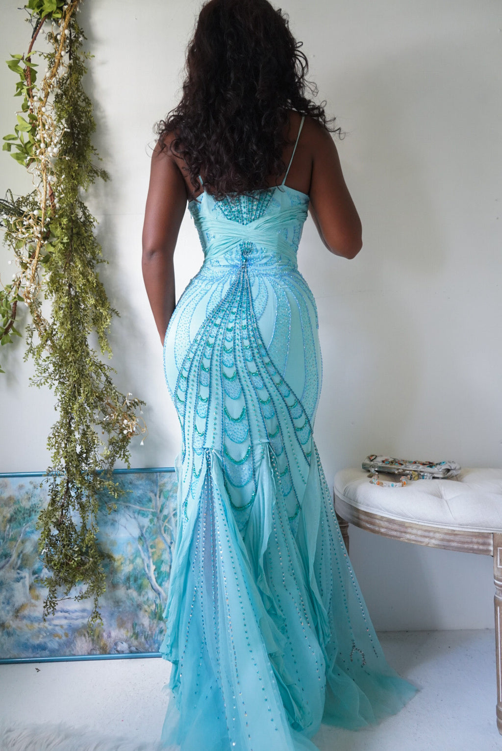 Y2K Light Turquoise Silk Beaded Mermaid Gown