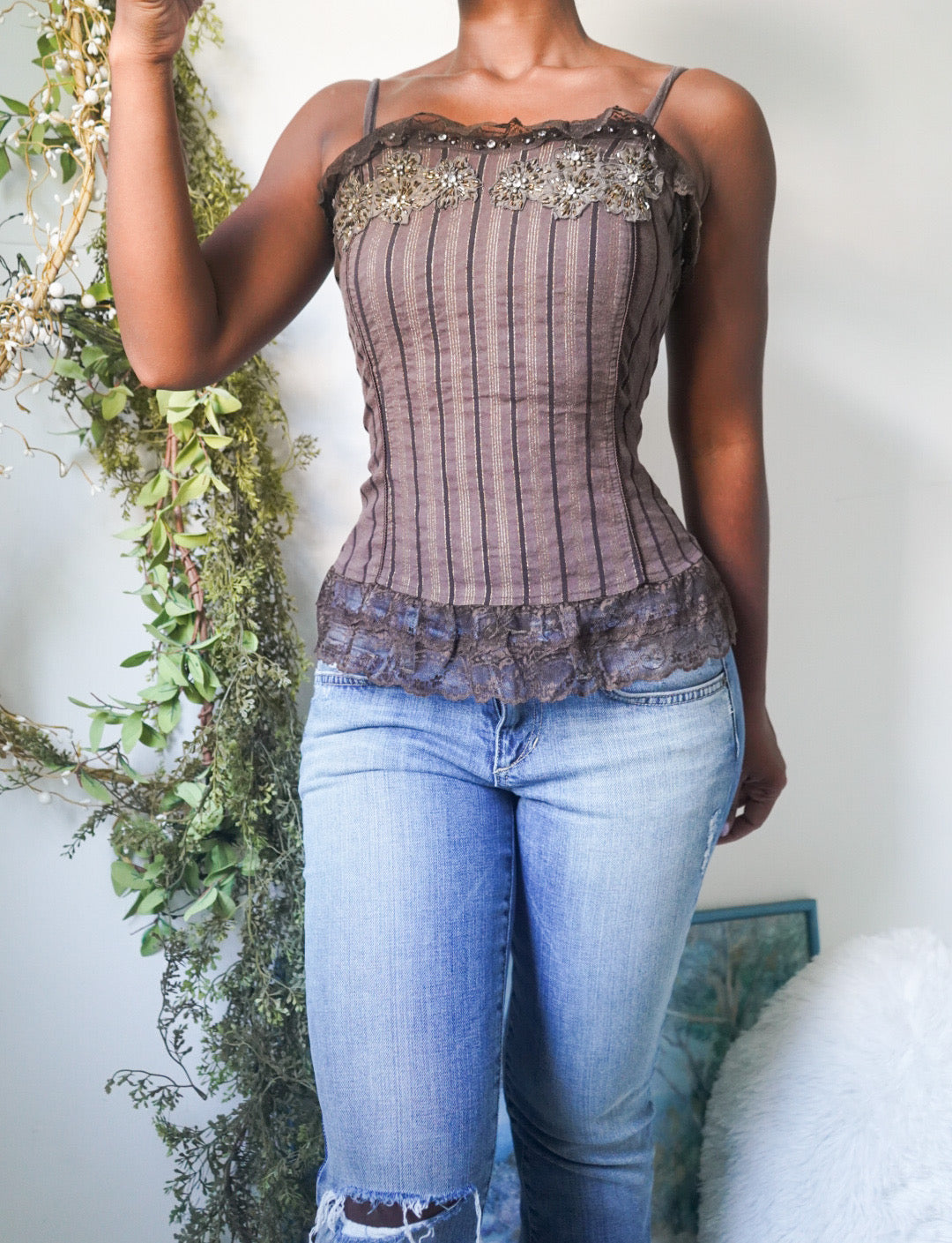 Y2K Bead Detail Lace Trimmed Cami
