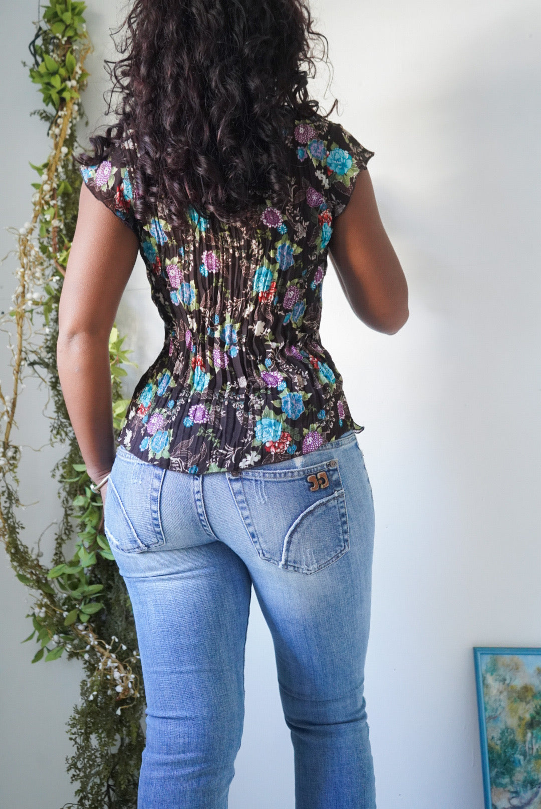 Y2K Brown Crinkle Floral Top