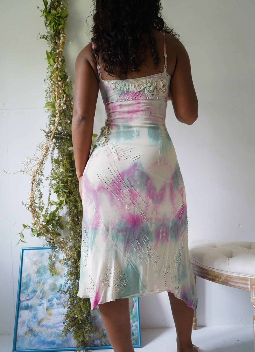 Y2K Watercolor Tie Dye Silk Fairy Midi Dress