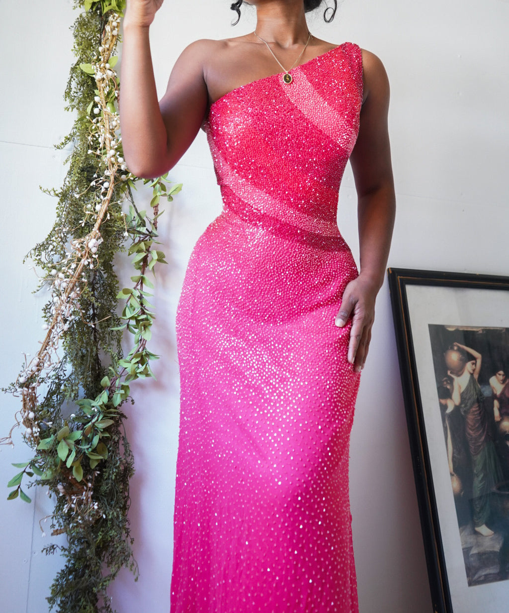 Coral Pink Fully Beaded Silk One Shoulder Gown