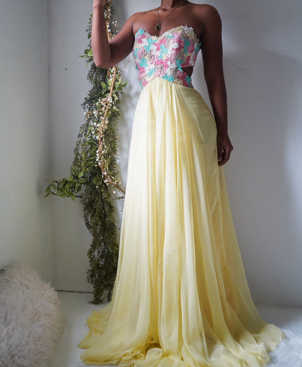 Y2K Yellow Pastel Floral Strapless Fairy Gown