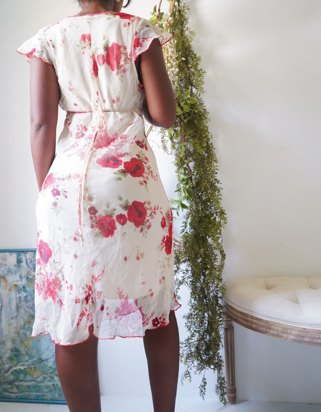 Y2K Cream and Red Floral Tie Back Sundress