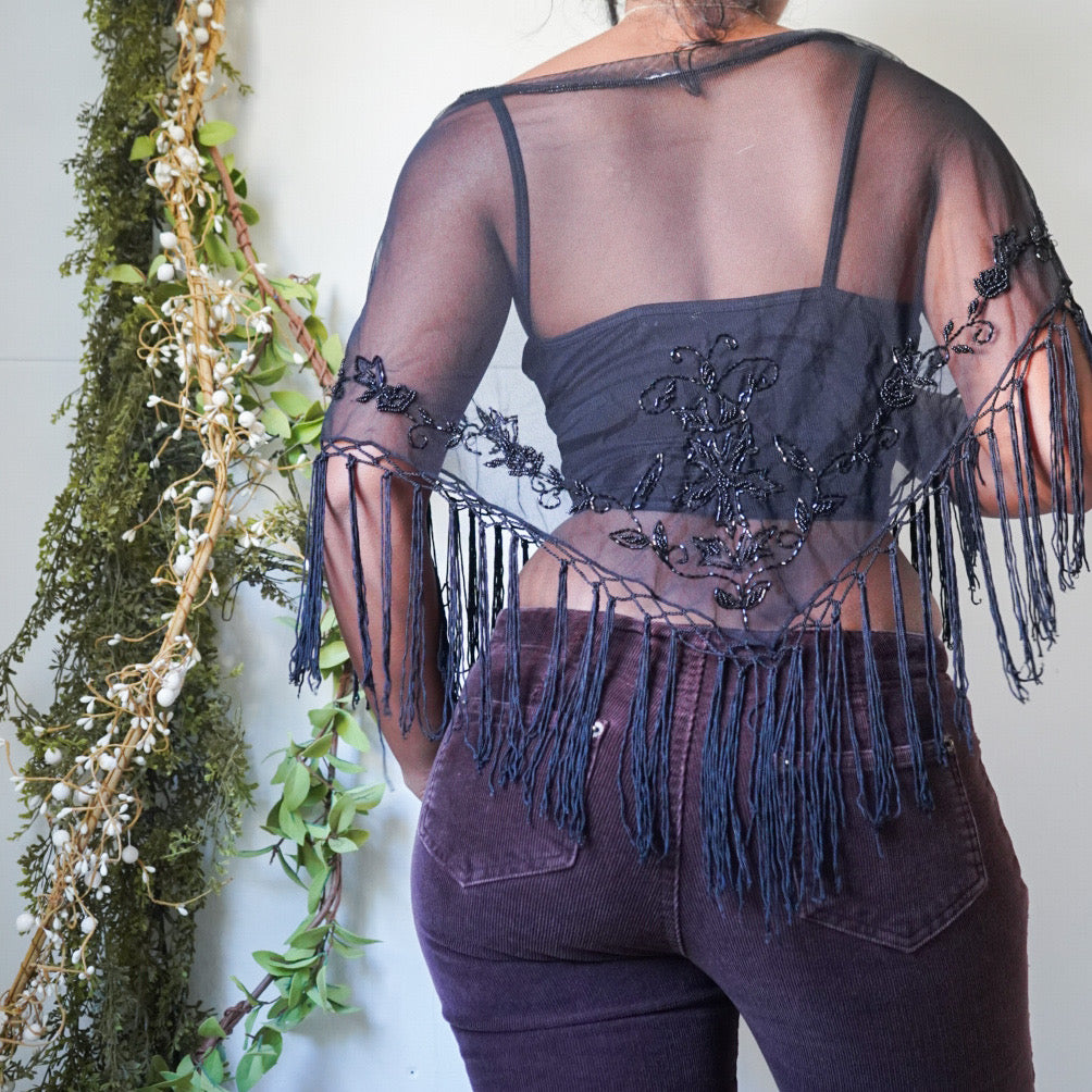 Vintage Black Beaded Detail Sheer Poncho
