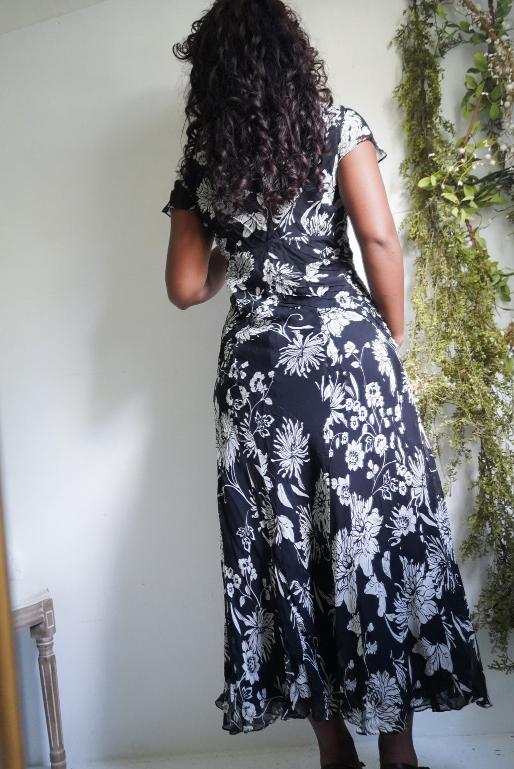 Y2K Monochrome Silk Floral Midi Dress