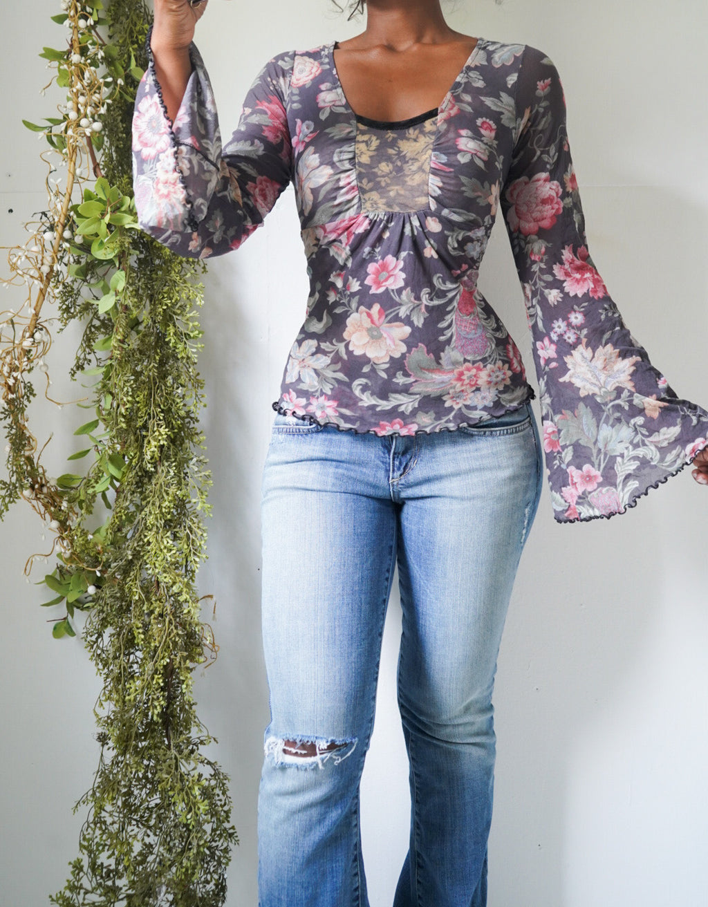 Y2K Romantic Mesh Flare Sleeve Top