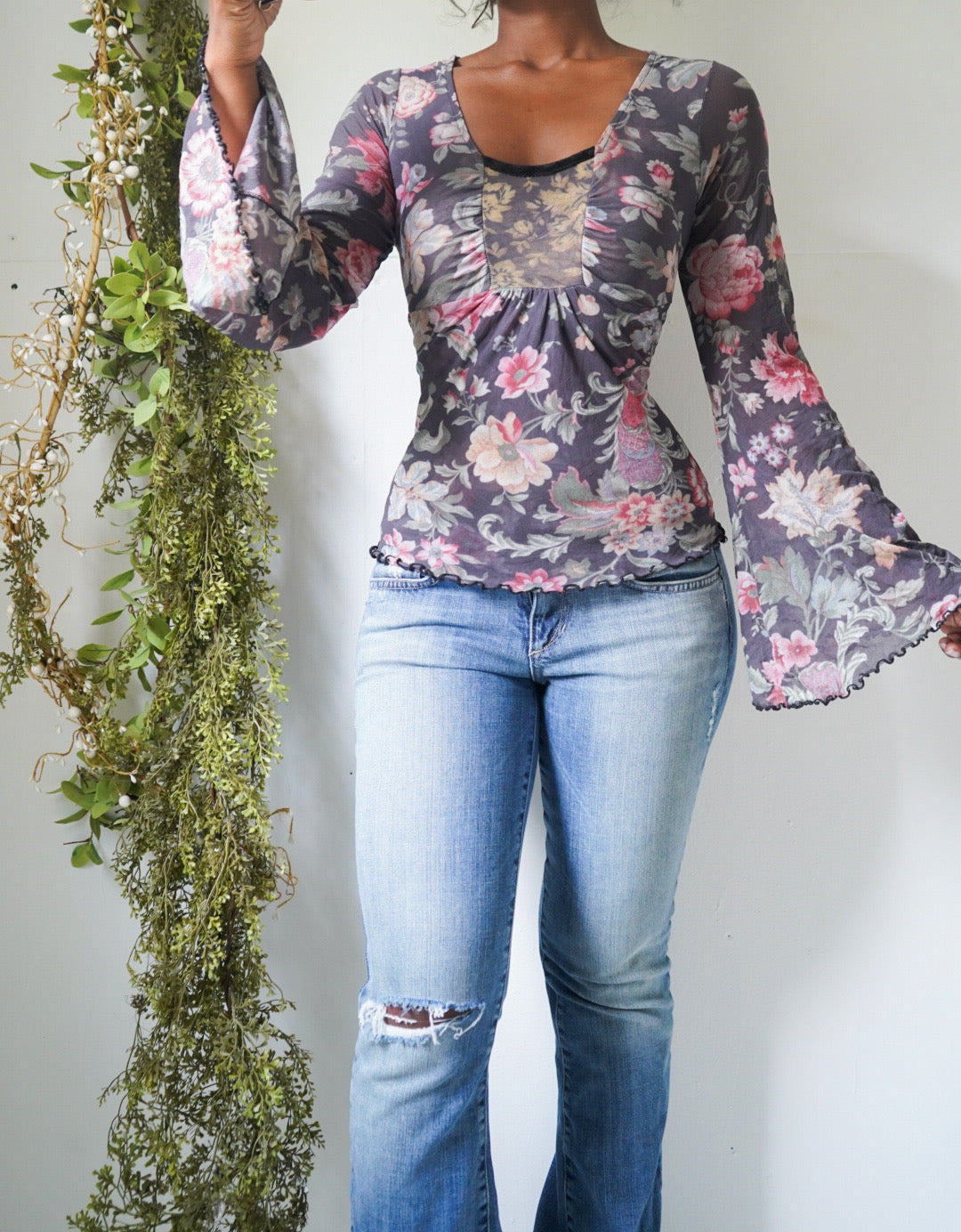 Y2K Romantic Mesh Flare Sleeve Top