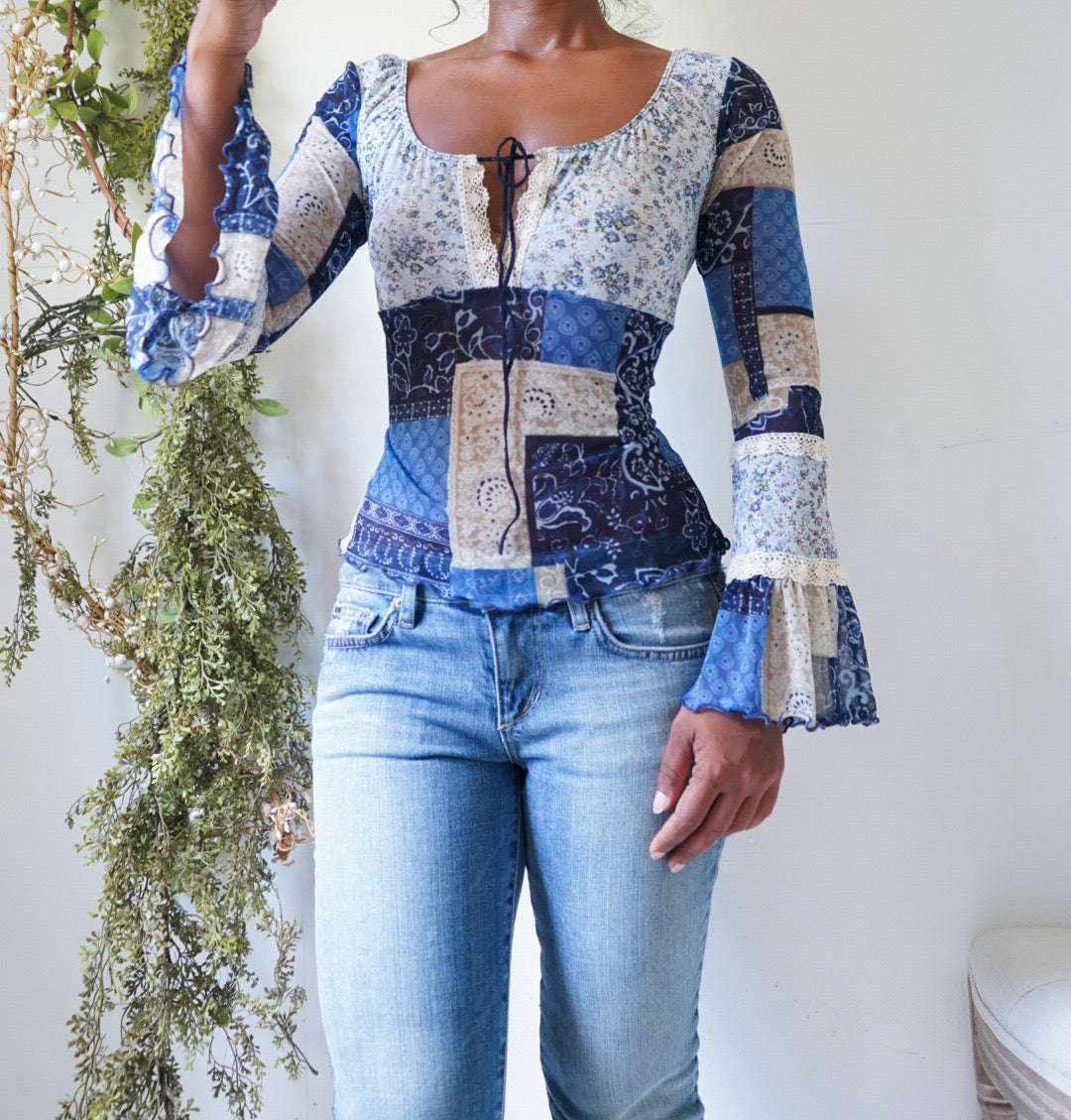 Y2K Patchwork Print Rare Flare Sleeve Top
