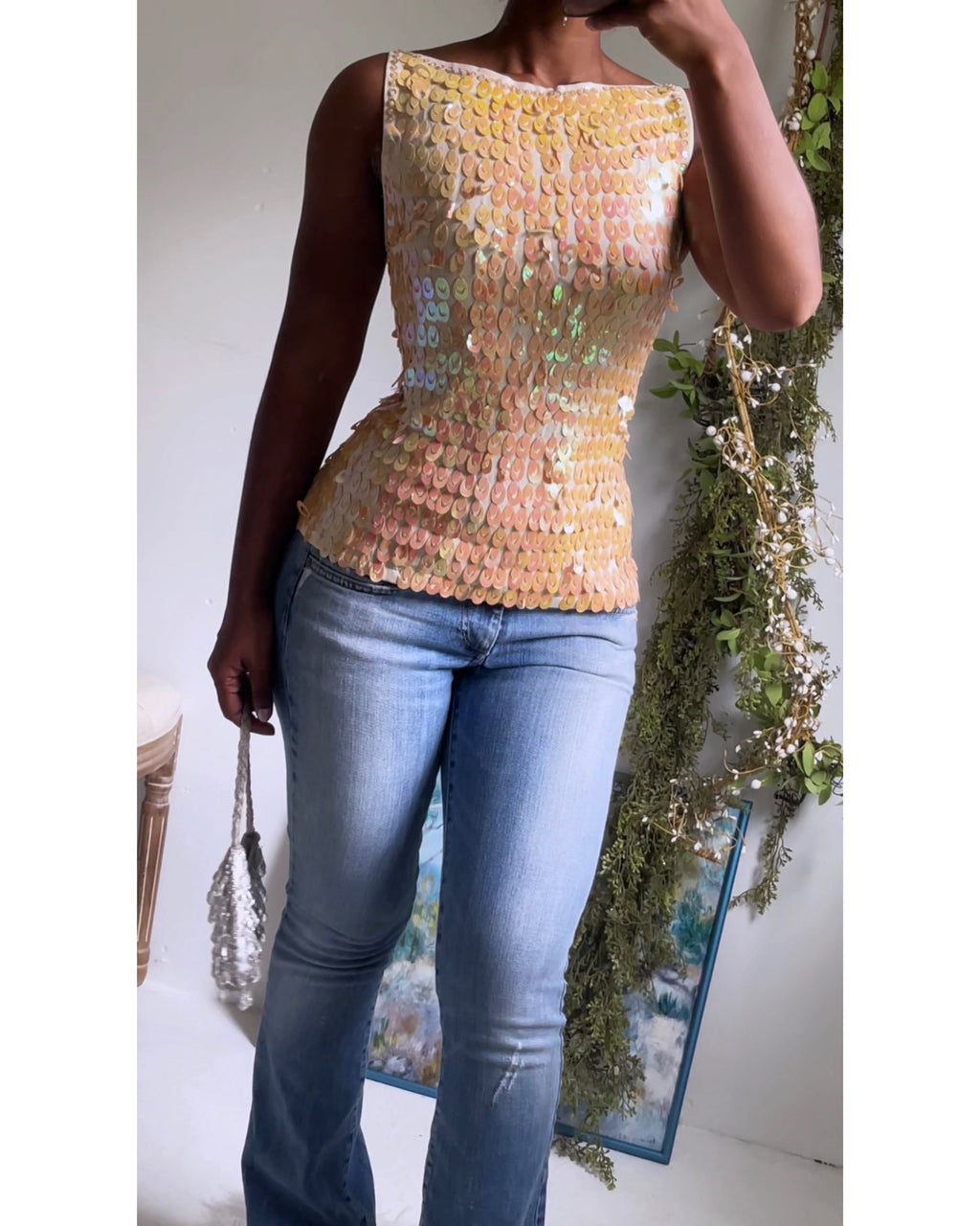 Y2K Iridescent Cream Sequin Top
