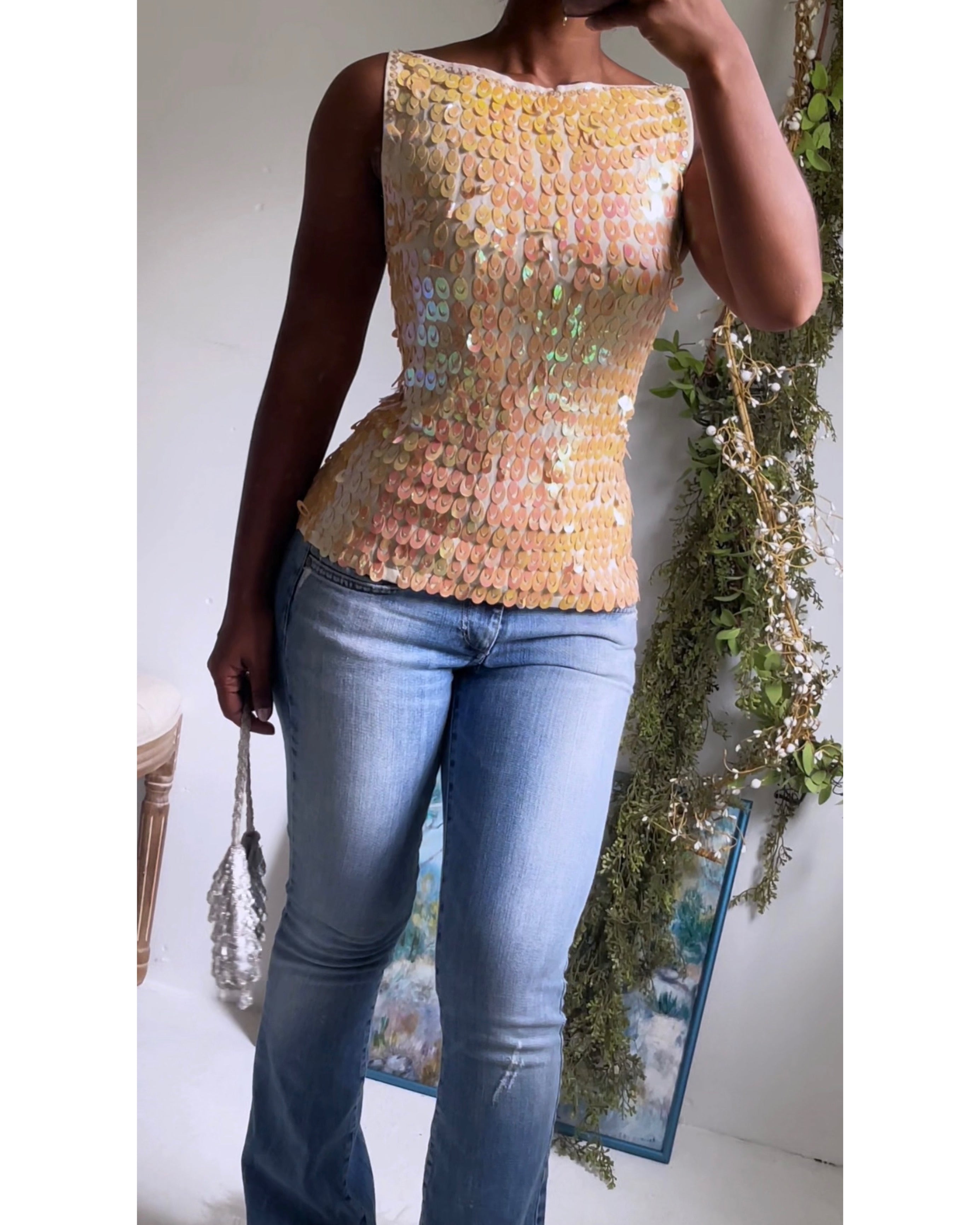 Y2K Iridescent Cream Sequin Top
