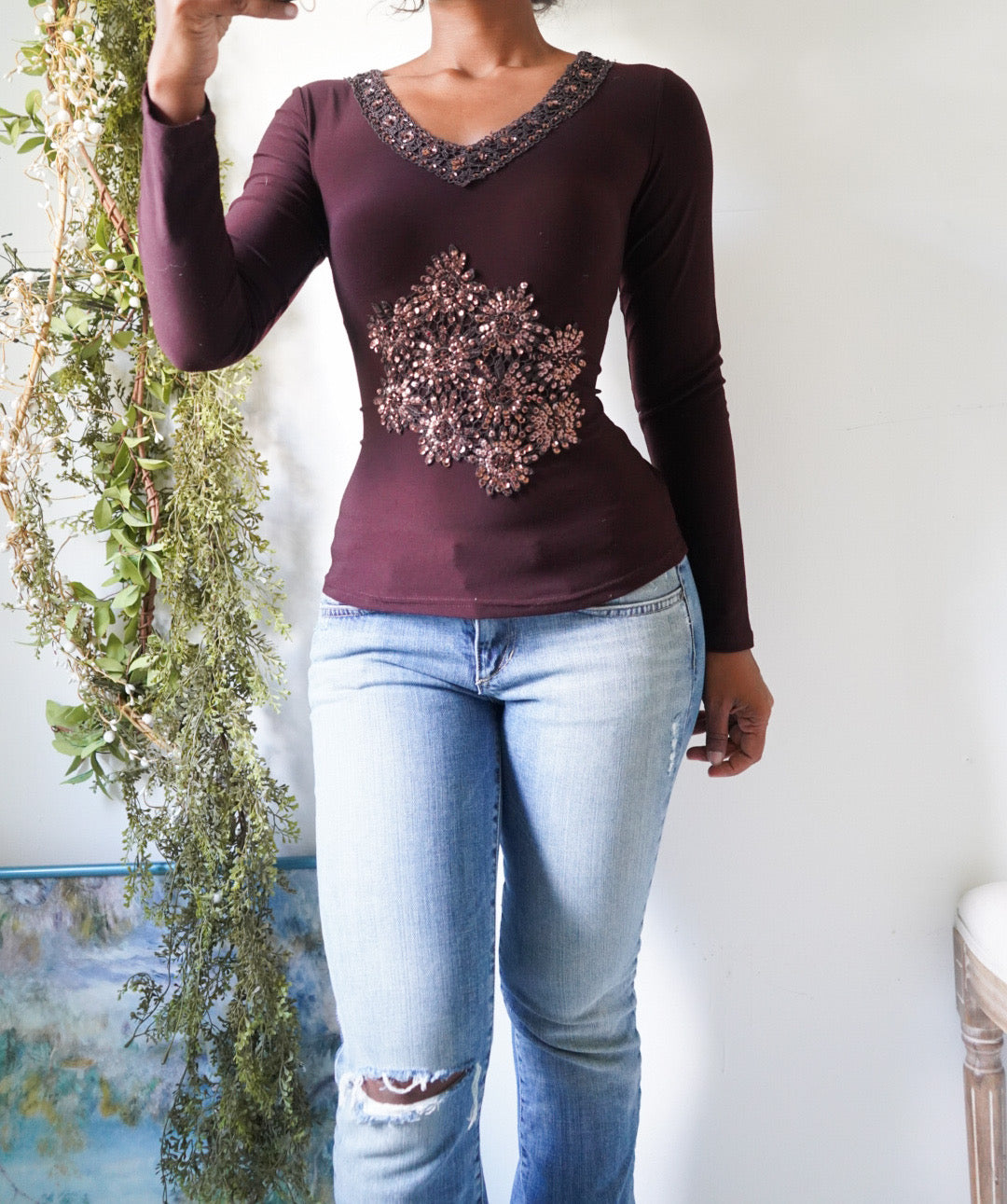 Y2K Brown Sequin Detail Long Sleeve Top