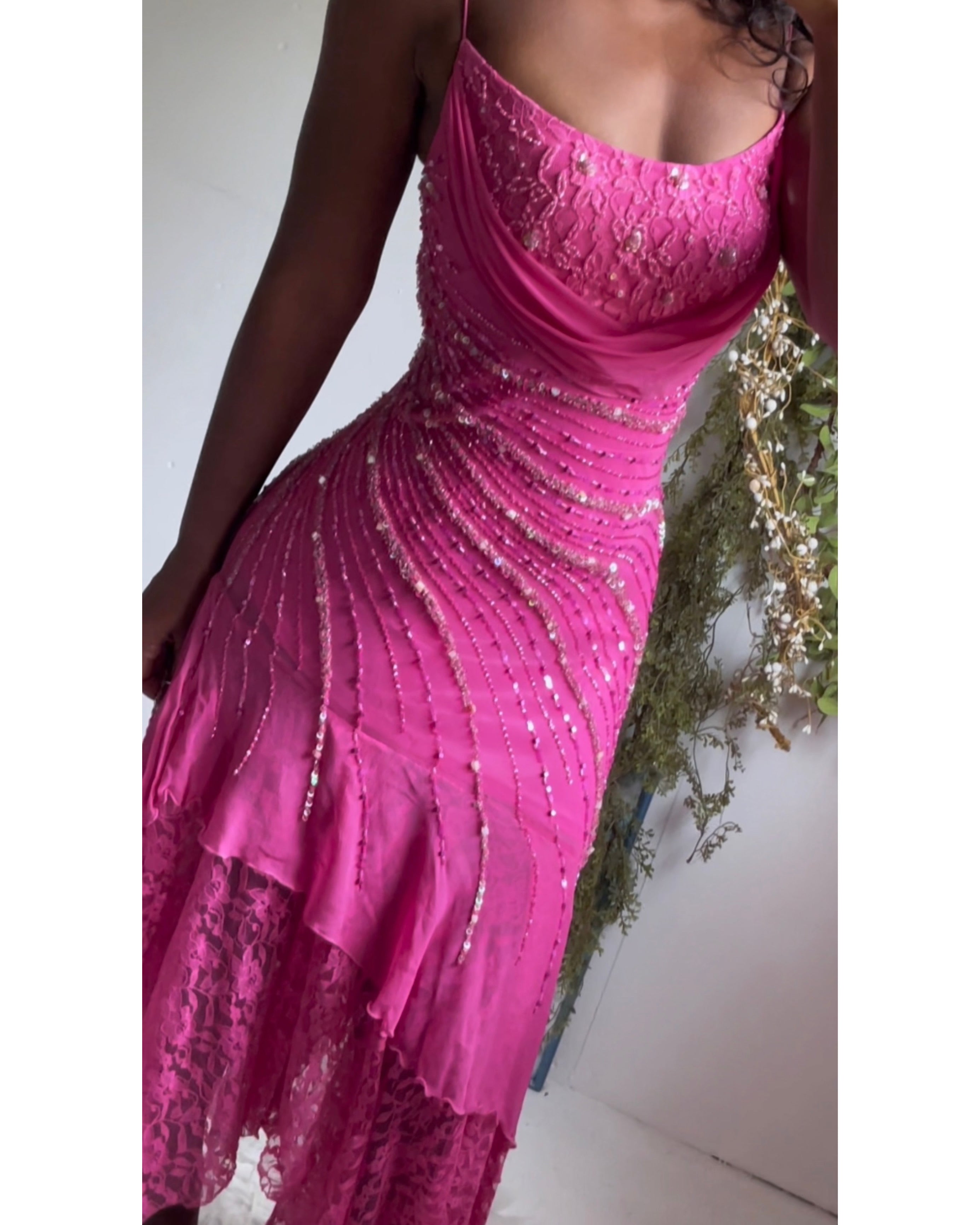 Rare Vintage Y2K Pink Beaded Silk and Lace Dress