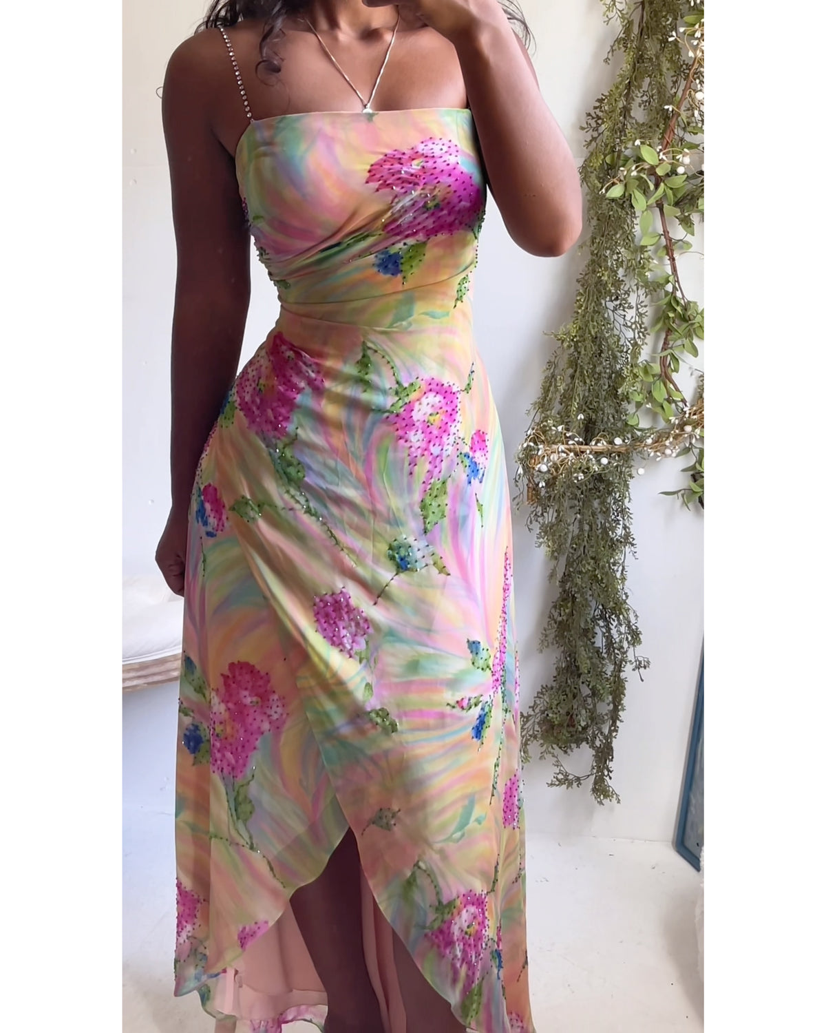 Y2K Beaded Rainbow Floral High-Low Gown