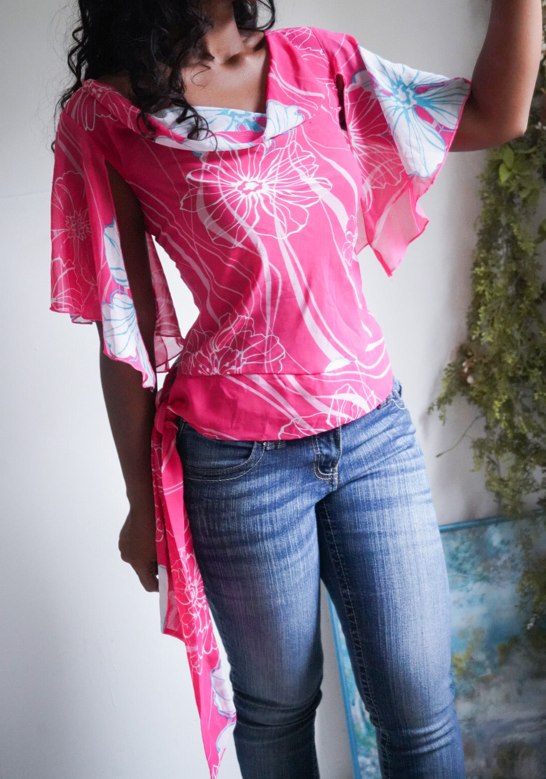 Y2K Bright Pink Tie Hem Cowl Neck Top