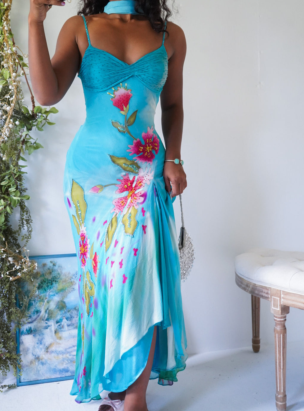 Rare Vintage Y2K Painted Floral Silk Gown