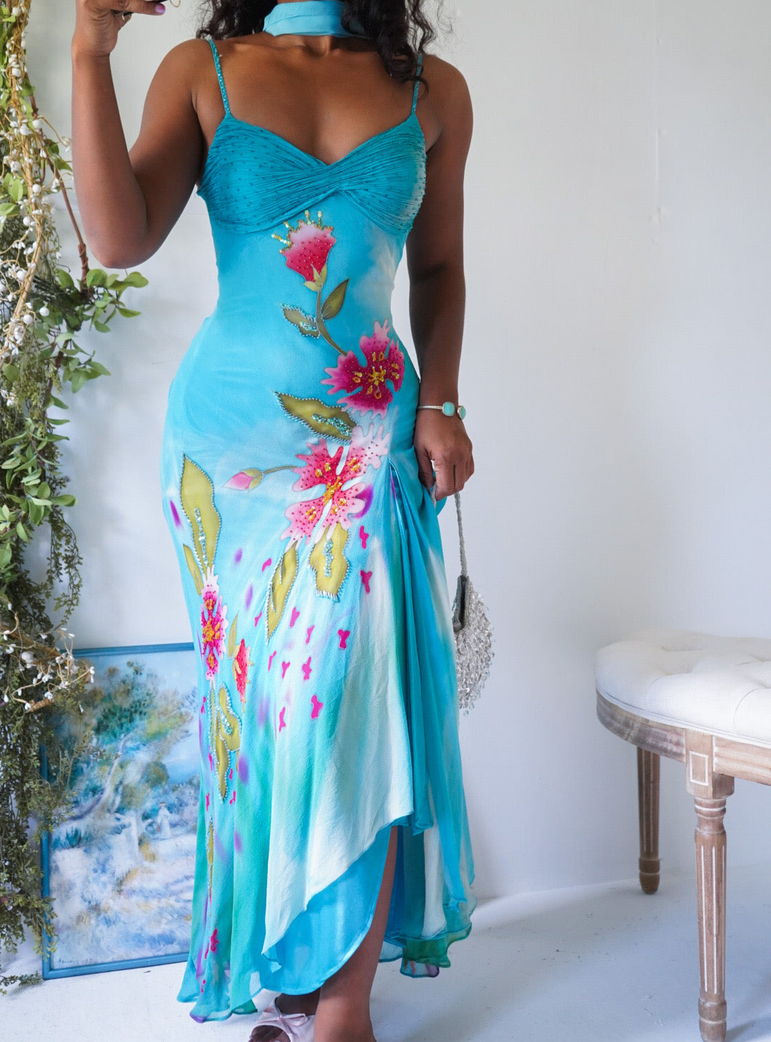 Rare Vintage Y2K Painted Floral Silk Gown