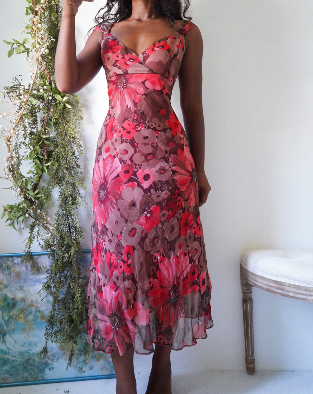 Y2K Watercolor Floral Silk Midi Dress