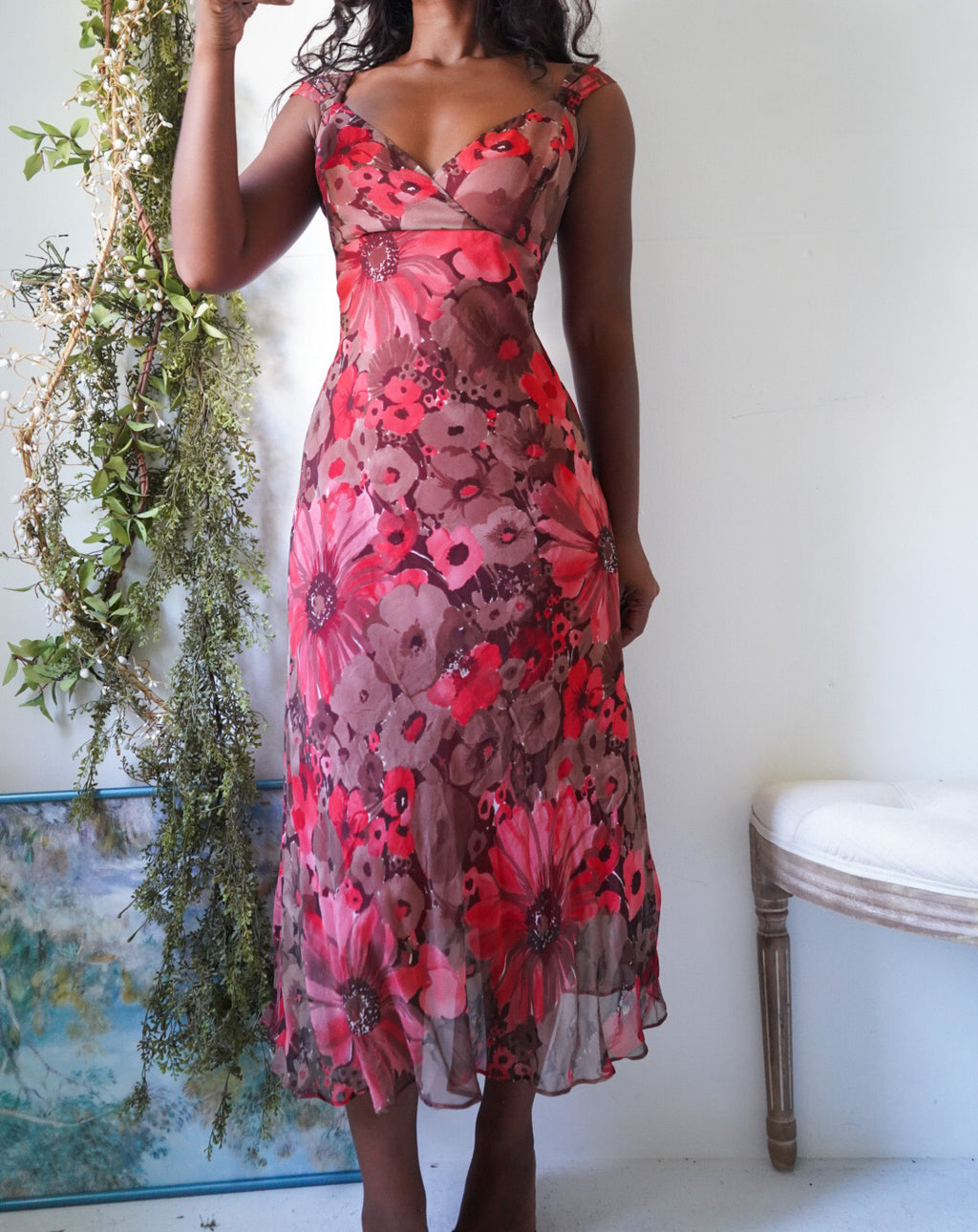 Y2K Watercolor Floral Silk Midi Dress