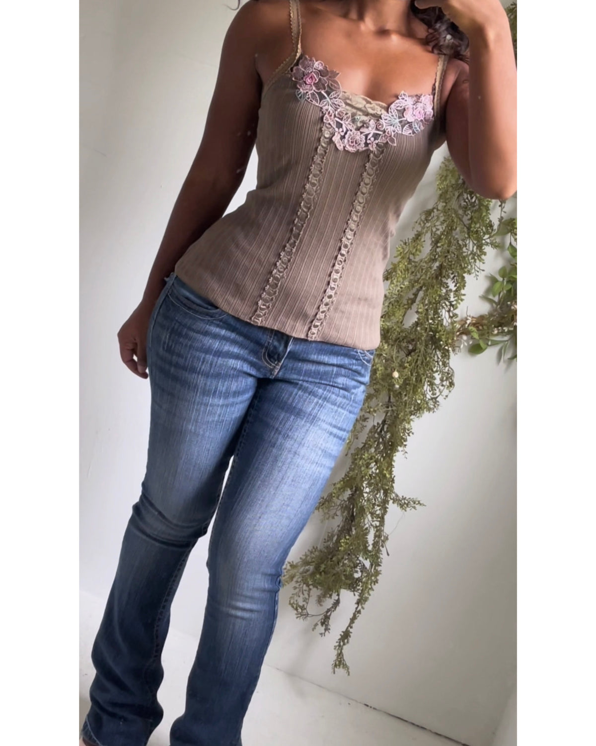 Y2K Romantic Ribbed Knit Flower Trim Cami