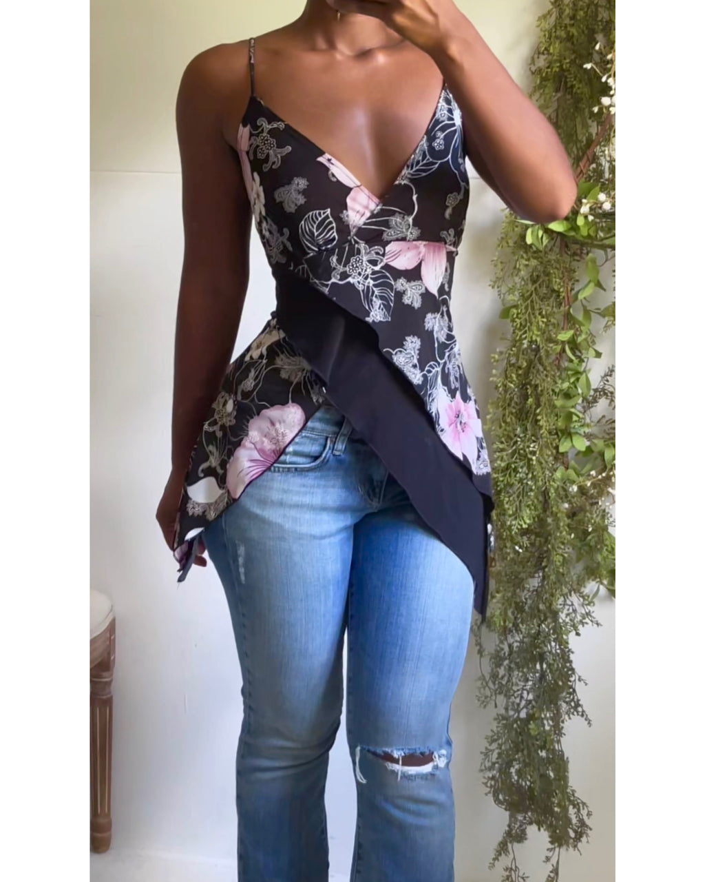Y2K Pink and Black Floral Fairy Cami