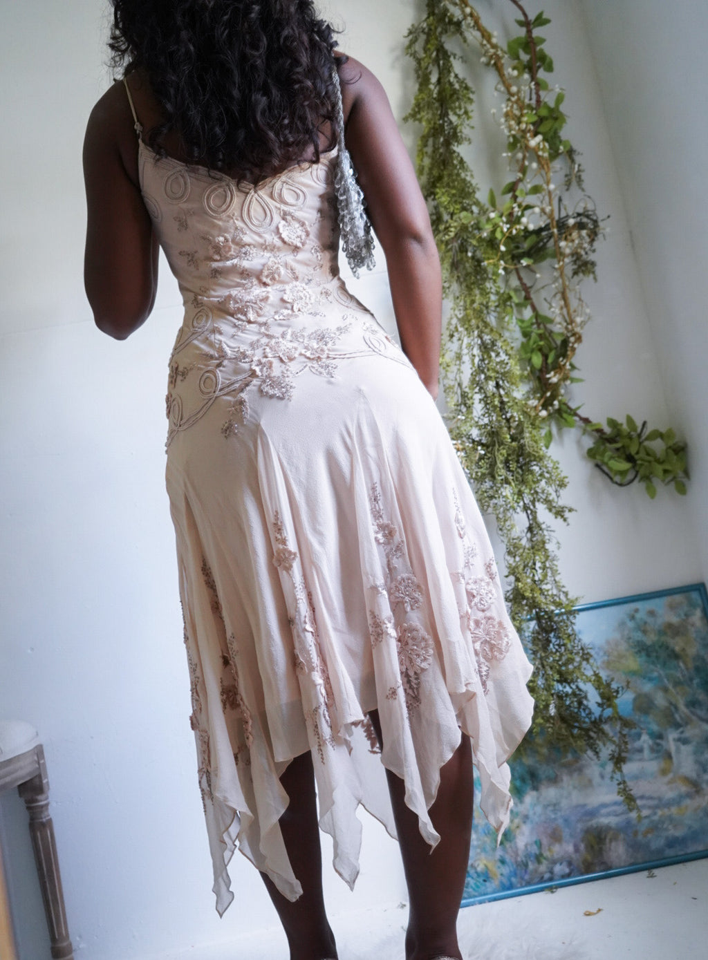 Y2K Light Blush Nude Fairy Hem Beaded Silk Dress