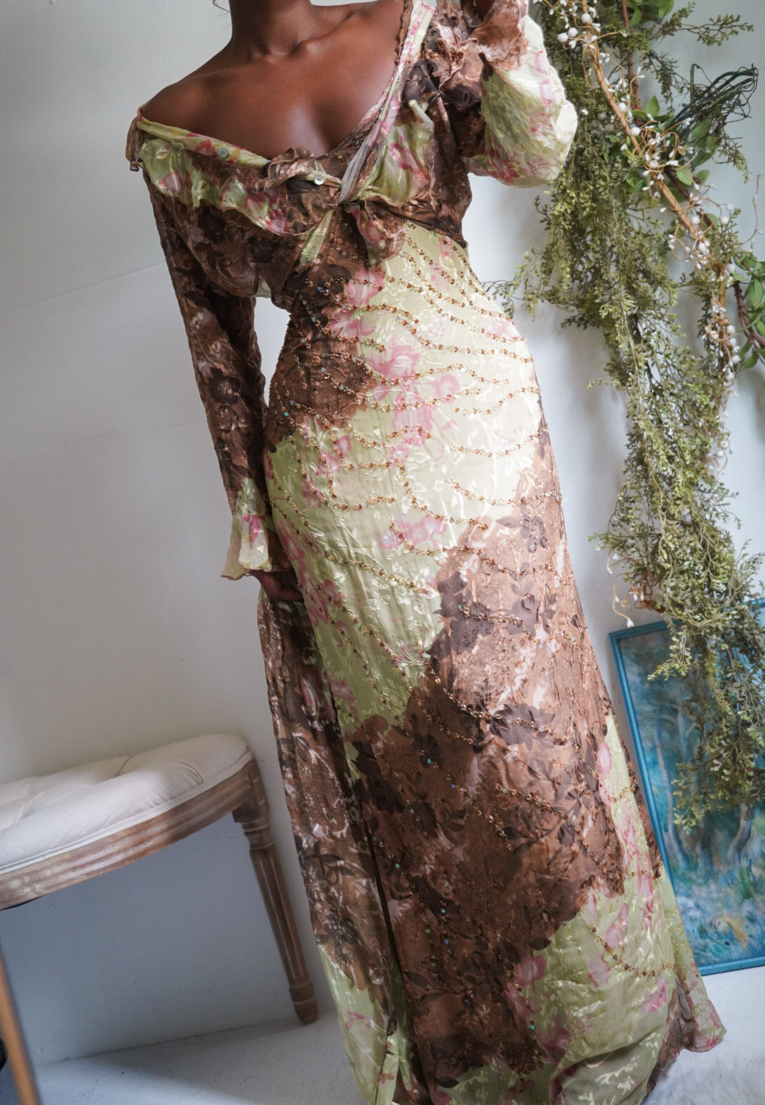 Rare Y2K Beaded Silk Gown with Scarf and Blouse