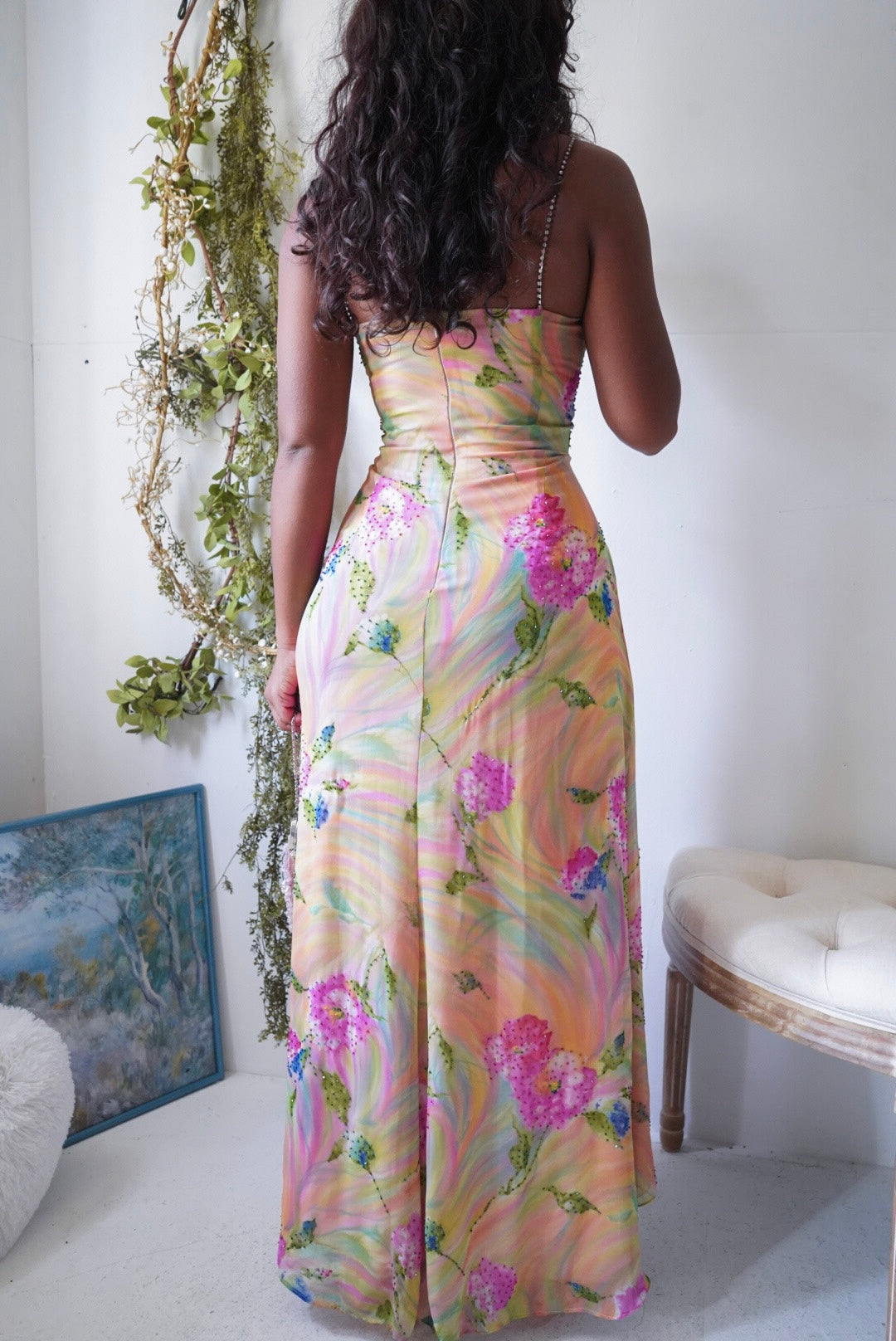 Y2K Beaded Rainbow Floral High-Low Gown