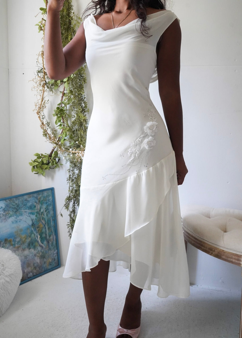 Y2K Ivory Cowl Neck Fairy Dress