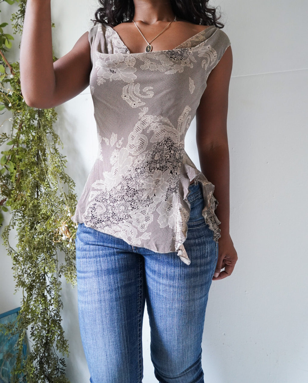 Y2K Lace Print Cowl Neck Asymmetric Hem Top