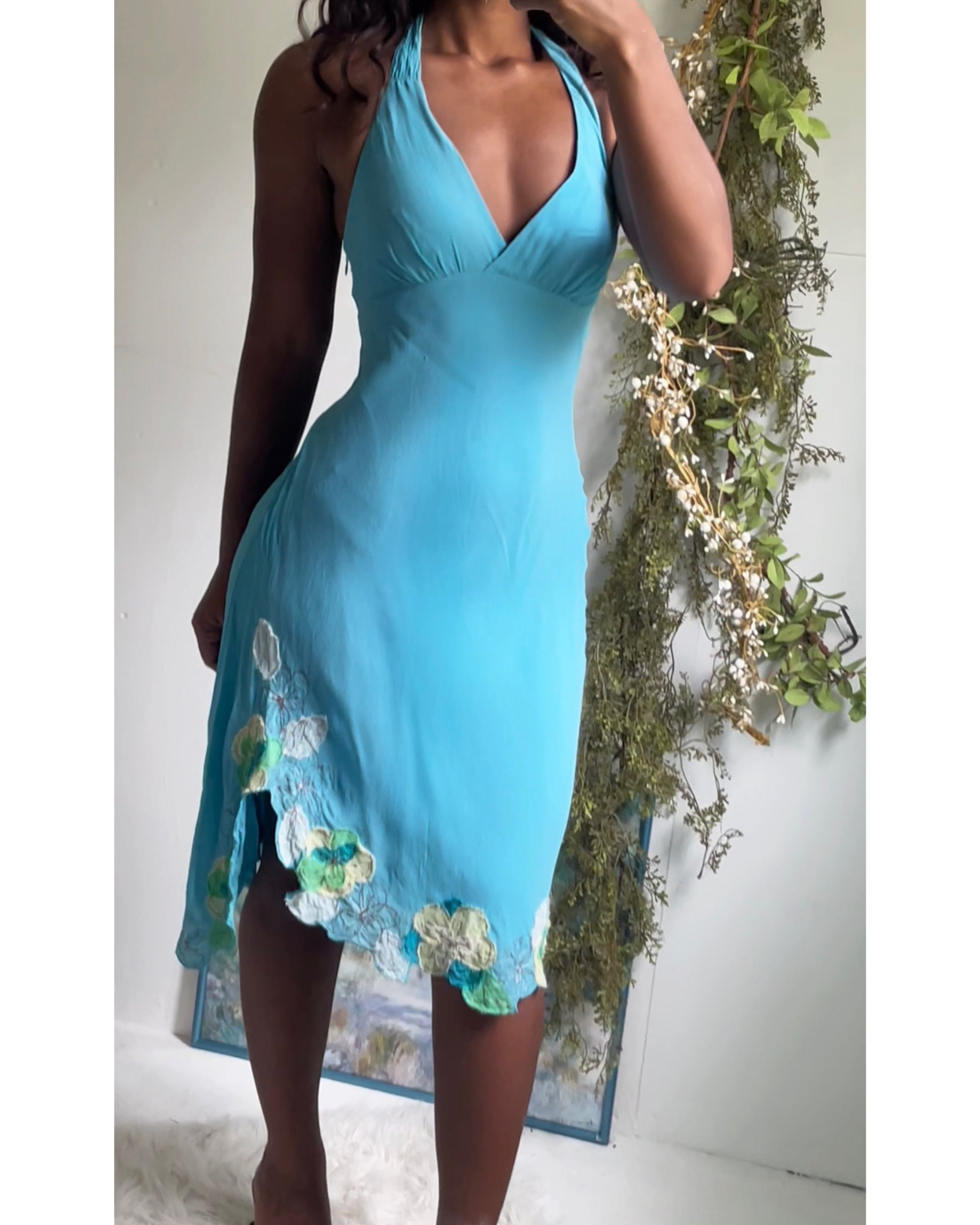 Turquoise Flower Hem Silk Halter Dress
