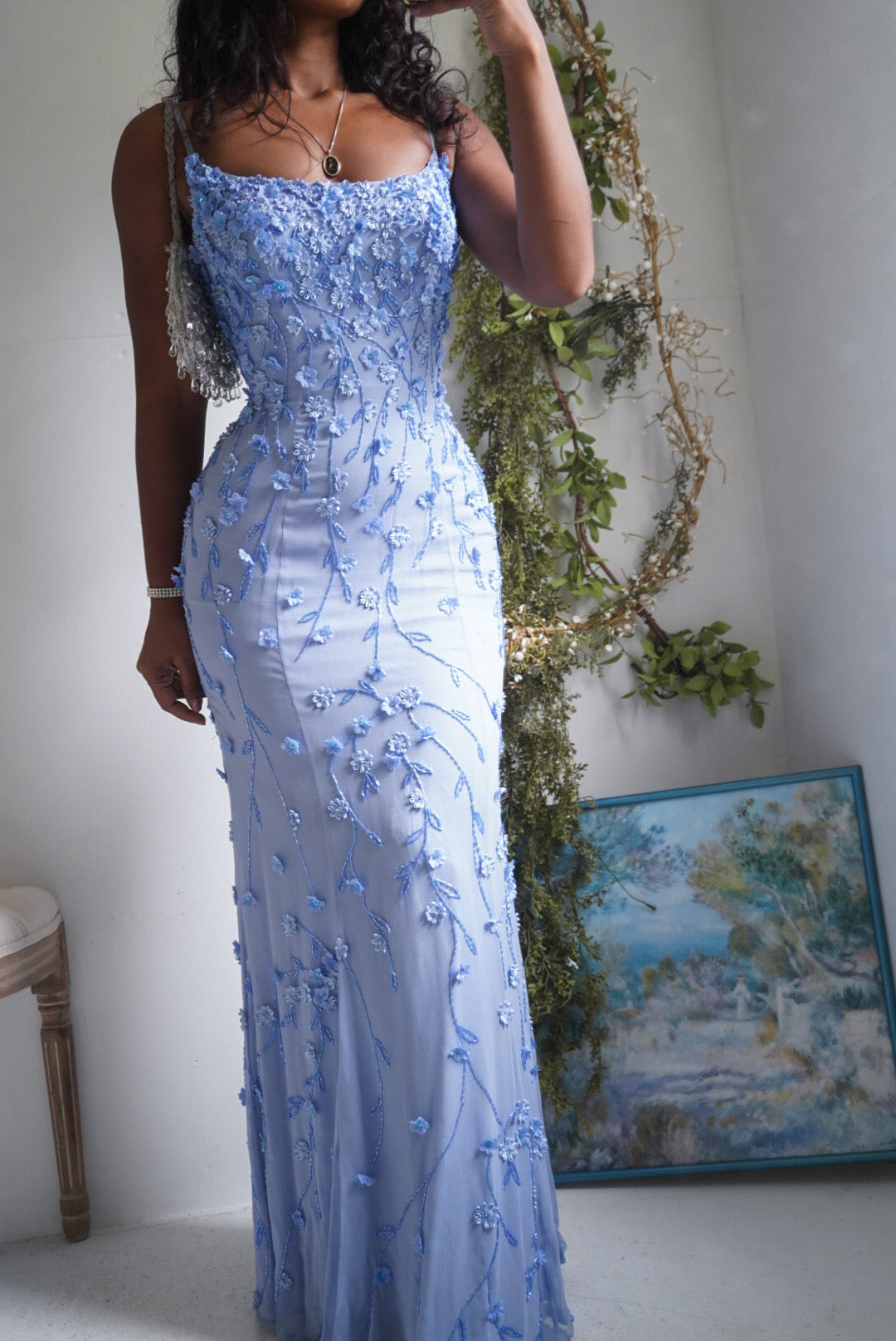Y2K Beaded and Floral Embellished Periwinkle Silk Gown