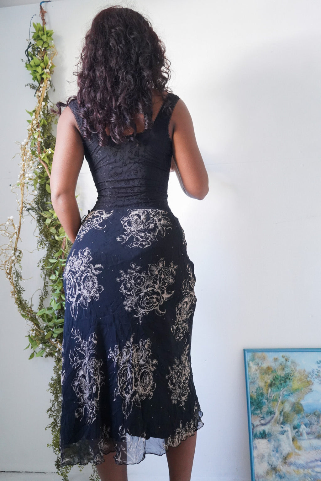 Y2K Black and Cream Silk Midi Skirt