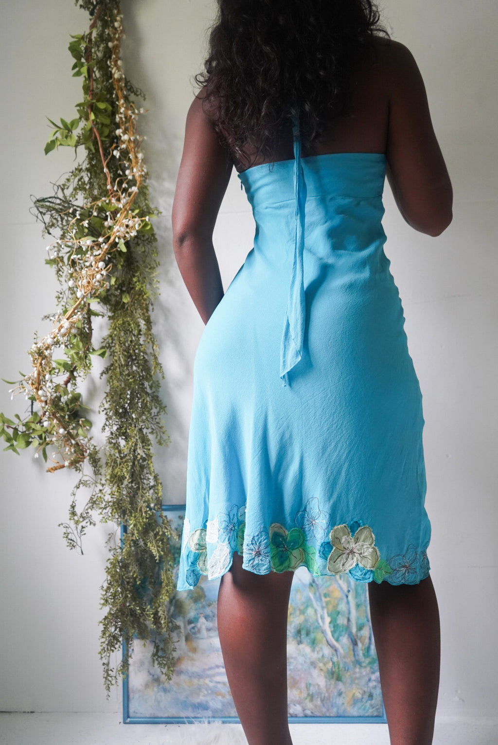 Turquoise Flower Hem Silk Halter Dress