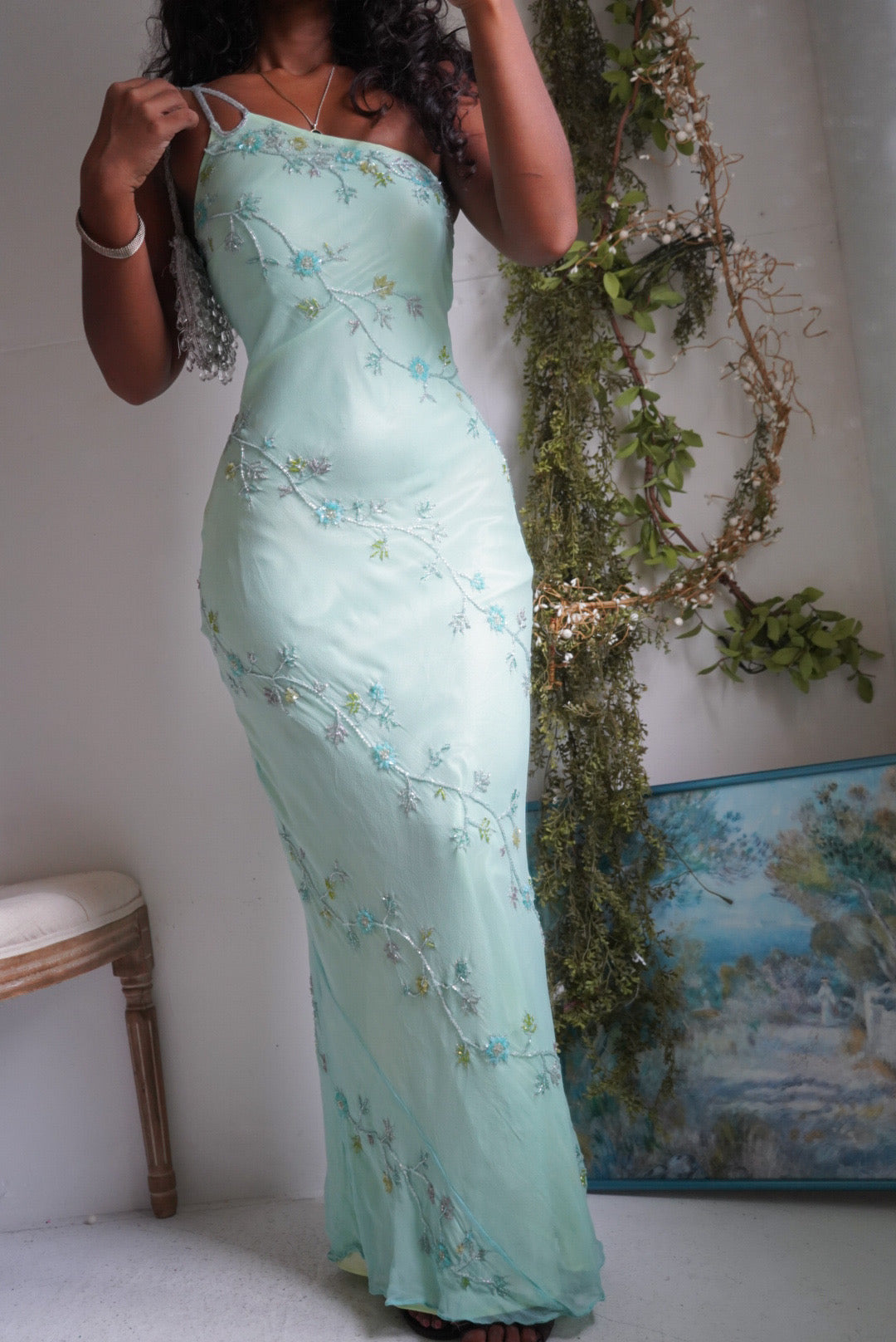 Rare Y2K Silk Layered and Beaded One Shoulder Gown