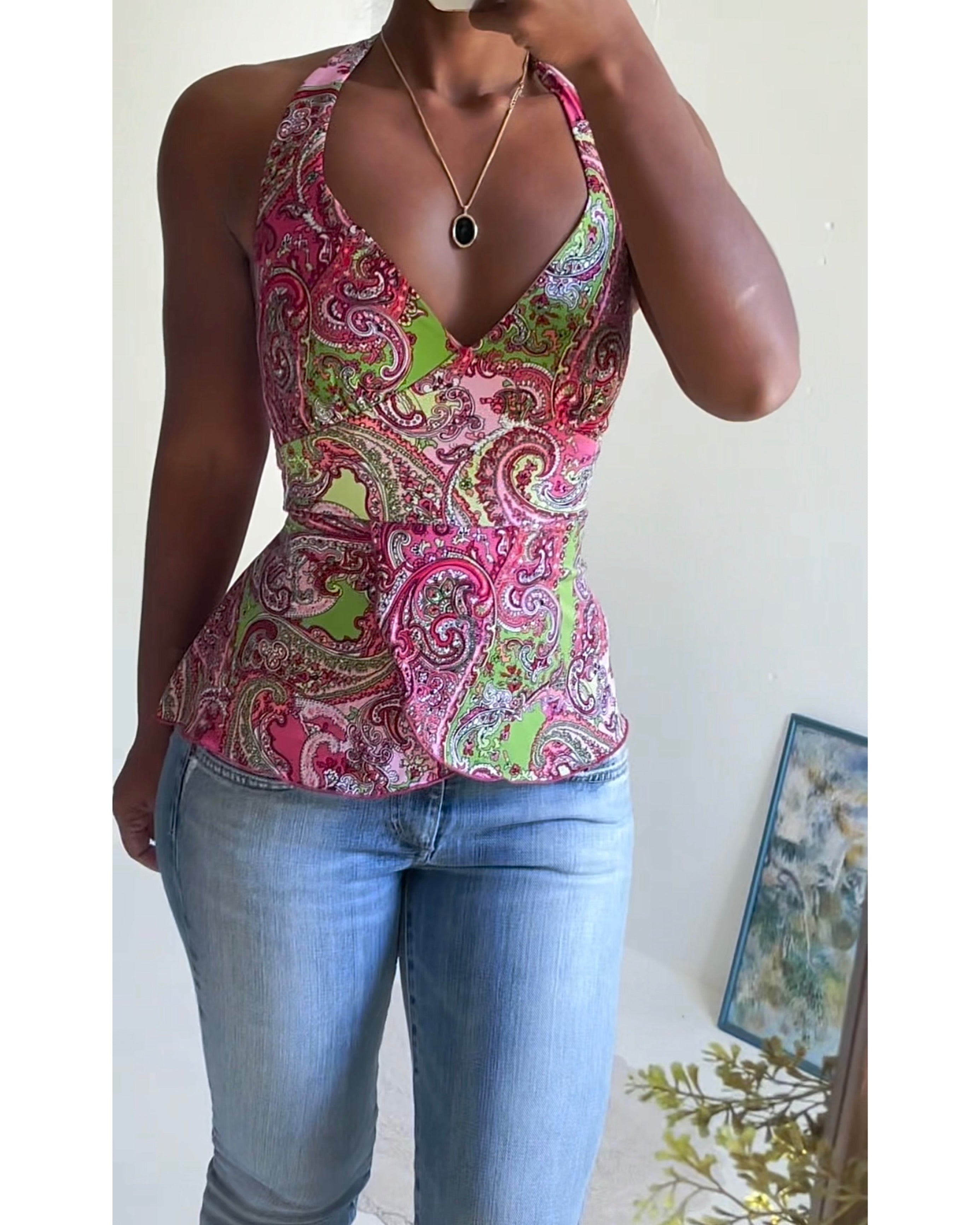 Paisley Halter Pink and Green Top