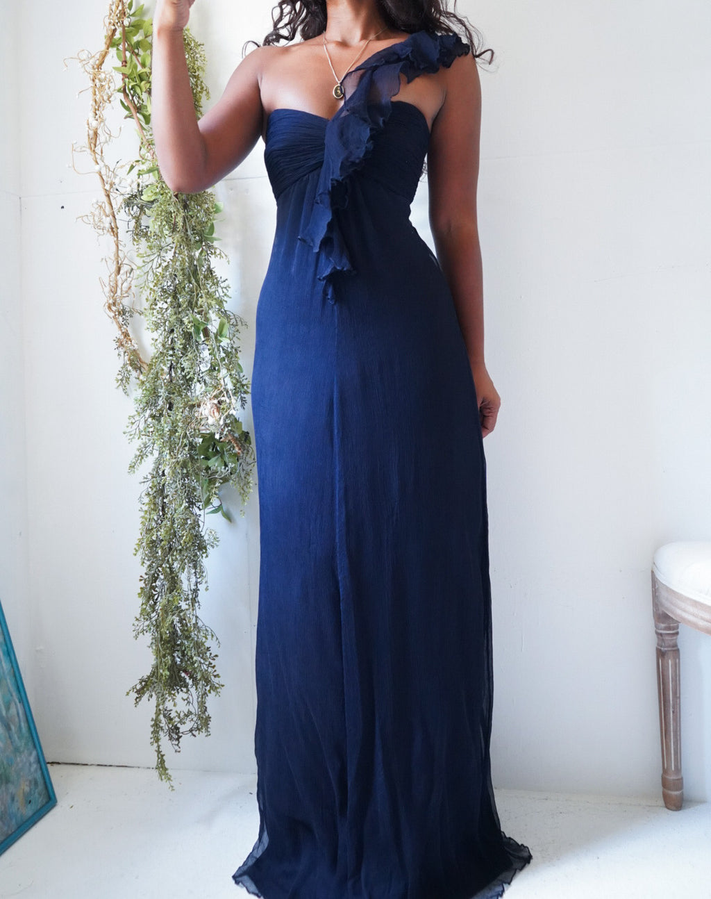 Y2K Deep Navy Silk Chiffon Strapless One Shoulder Gown