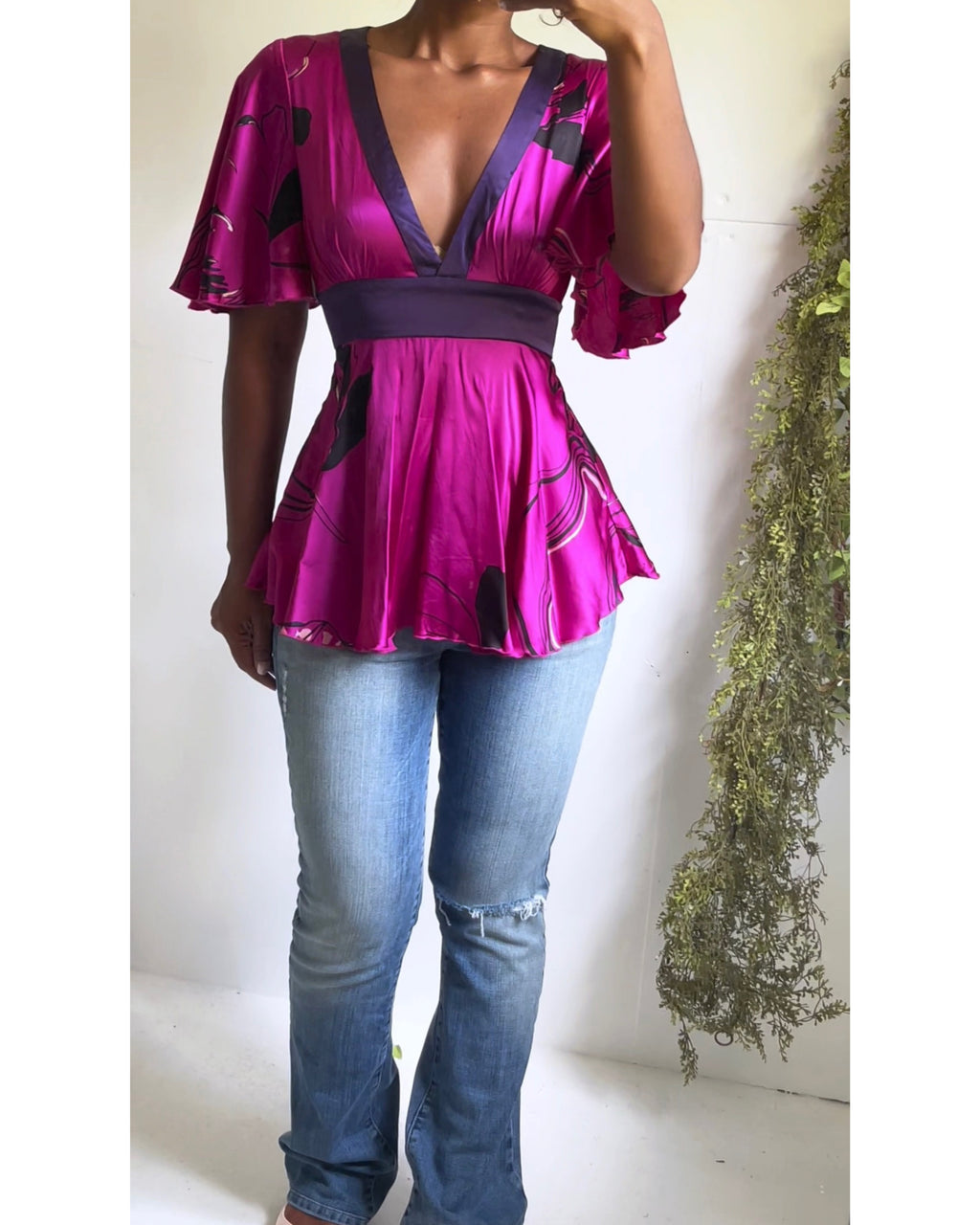 Y2K Bebe Fuchsia Silk Babydoll Top