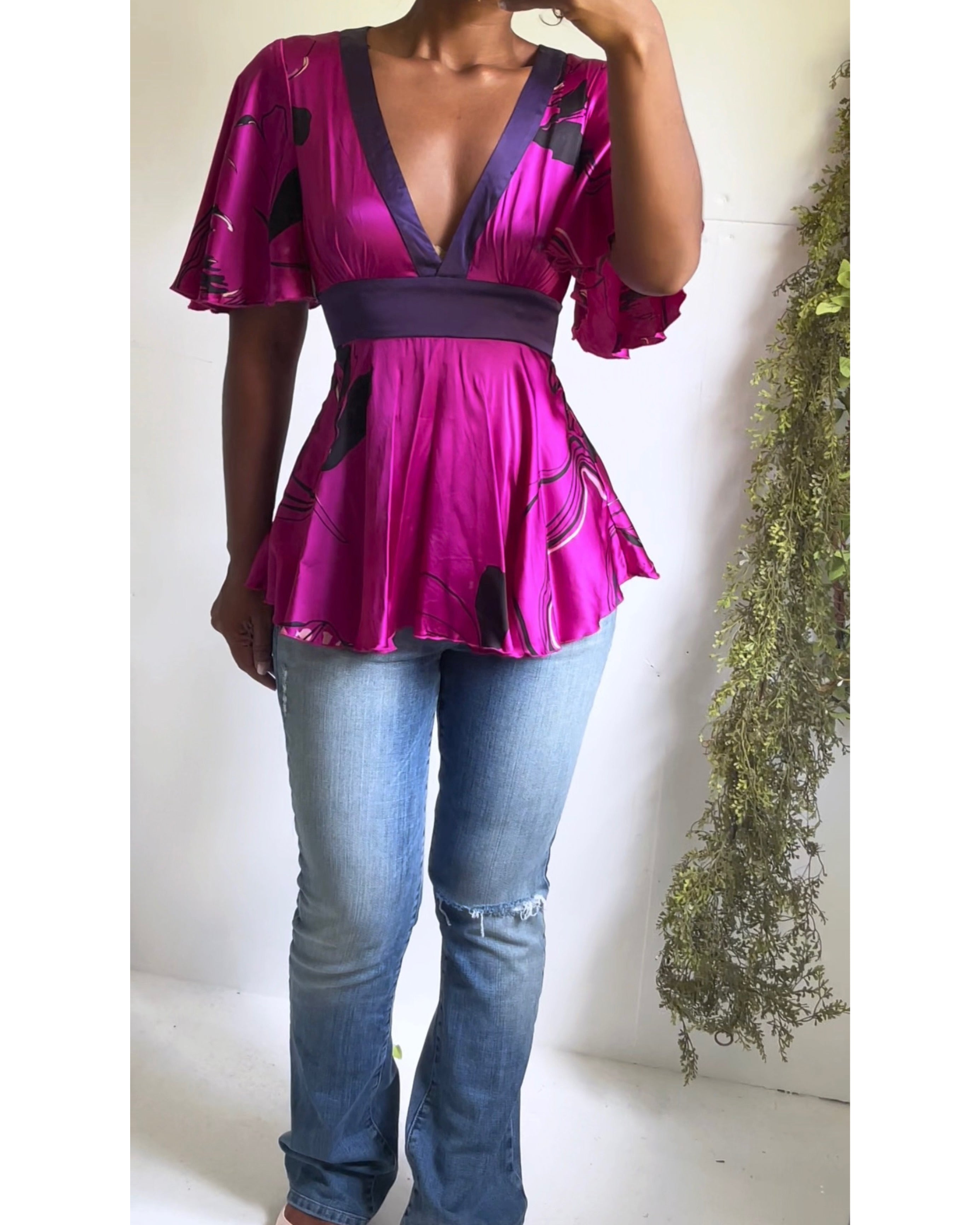 Y2K Bebe Fuchsia Silk Babydoll Top