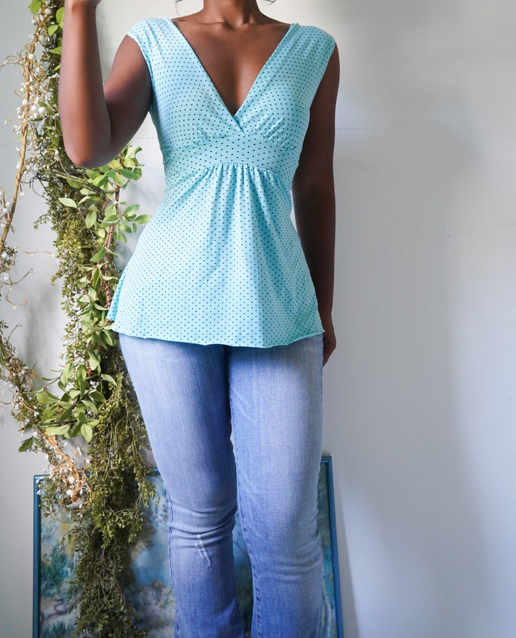 Light Blue and Black Dot Babydoll Top